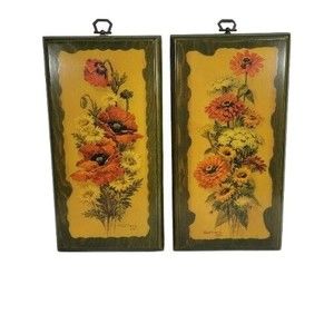 Vintage ROBERT LAESSIG A.N.A Green Tone Wood Flowers Wall Art 5.5" x 10.5"